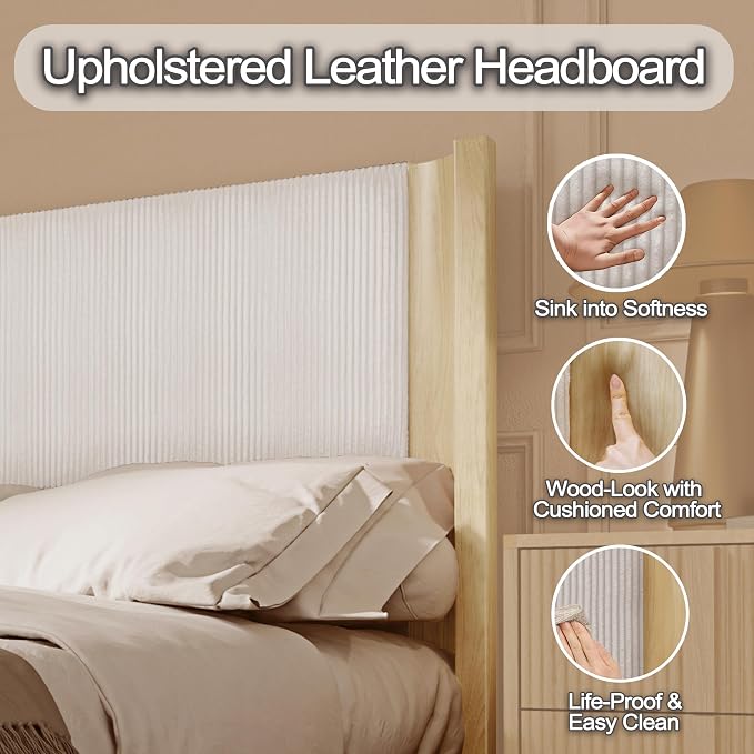 Full Size Upholstered Platform Bed Frame with Wingback Headboard, Motion-Sensing LED Lights, Sturdy Slats, Mattress-Lock Footboard, PU Leather,No Box Spring Needed, Easy Assembly, Whitewashed Oak
