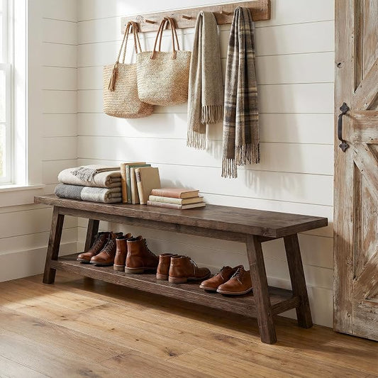 Solid Wood Entryway Bench with Shoe Storage Shelf, 62.99" Long Rustic Hallway Shoe Bench, Natural Wood Mudroom Window Seating, 400 lbs Capacity