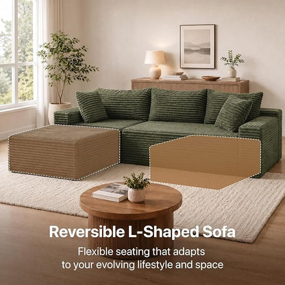 Claiks 104" Boneless Couch, Cloud Couch Sectional, L-Shape Corduroy Modular Sectional Sofa Deep Seat, Upholstered Couches for Living Room, No Assembly Required, Green
