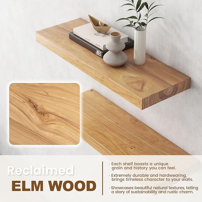Venusmiles Elm Floating Shelves for Wall Decor, Rustic Solid Wood Shevles Wall Mounted with Invisible Bracket for Living Room Bathroom Bedroom Kitchen, 16 Inch Set of 2, Natural
