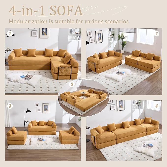 106" Oversized Convertible Sleeper Sofa Bed, Corduroy L Shape Sectional Couch, Folding Sofa Bed with Side Pocket, Modern Cloud Floor Mattress Couch, Modular Sofa for Living Room, Mustard Yellow