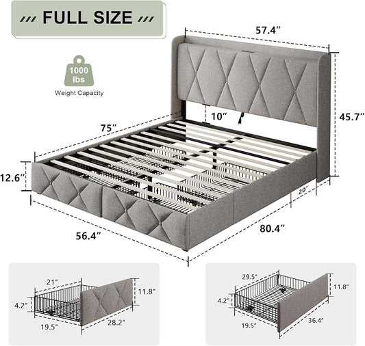 Feonase Full Bed Frame with 4 Storage Drawers, Upholstered Button Tufted Storage Headboard with Fast Charging Station, Heavy Duty Slats Support, No Box Spring Needed, Noise-Free, Light Grey
