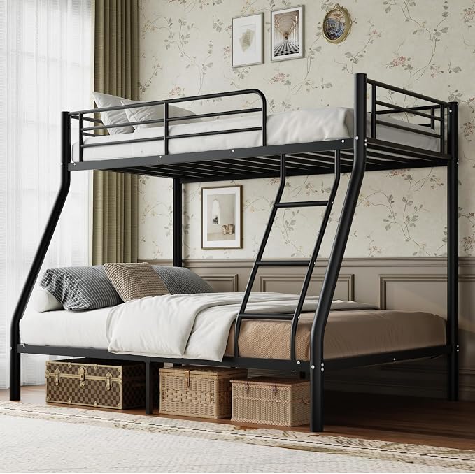 Metal Twin Over Full Bunk Bed丨 Bunk Beds Twin Over Full Size with Ladder | Heavy Duty Bunk Bed for Adults, Metal Bunk Bed for Dorm, Bedroom, Apartment, 440 lbs Capacity,No Box Spring Needed (Black）