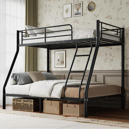 Metal Twin Over Full Bunk Bed丨 Bunk Beds Twin Over Full Size with Ladder | Heavy Duty Bunk Bed for Adults, Metal Bunk Bed for Dorm, Bedroom, Apartment, 440 lbs Capacity,No Box Spring Needed (Black）