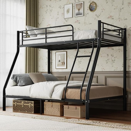 Metal Twin Over Full Bunk Bed丨 Bunk Beds Twin Over Full Size with Ladder | Heavy Duty Bunk Bed for Adults, Metal Bunk Bed for Dorm, Bedroom, Apartment, 440 lbs Capacity,No Box Spring Needed (Black）