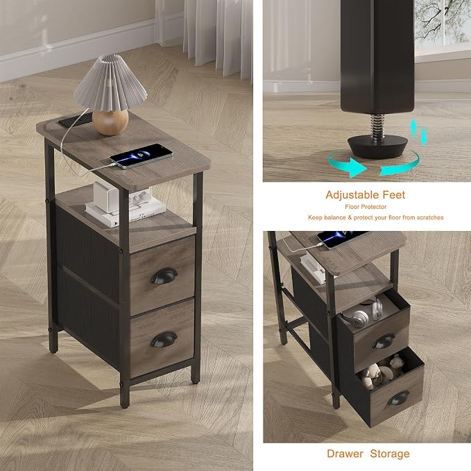 sthmec Narrow End Table with Charging Station, Narrow Side Table with 2 Fabric Drawers, Slim Nightstand, Skinny Bedside Table, Small Side Table for Small Spaces, Living Room, Bedroom, Grey