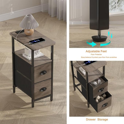 sthmec Narrow End Table with Charging Station, Narrow Side Table with 2 Fabric Drawers, Slim Nightstand, Skinny Bedside Table, Small Side Table for Small Spaces, Living Room, Bedroom, Grey