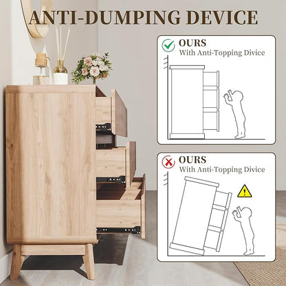 2-Piece Farmhouse Bedroom Dresser Set, Tall 5-Drawer Chest & 9-Drawer Dresser, Handle-Less Design, Rounded Corners, Anti-Tip Safety Furniture, Wooden Bedroom Storage Cabinet, Natural