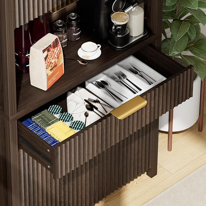 Lulive 71" Fluted Pantry Cabinet with Charging Station, Brown | Adjustable Shelves, Open Countertop, Drawer, Spacious Kitchen Storage