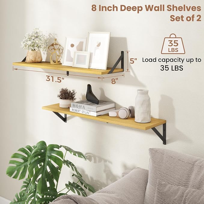 Axeman 32'' x 8'' Oak Floating Shelves for Wall Set of 2 | Rustic Oak Bookshelf for Living Room, Bedroom, Home Office, Engineered Wood, Includes Mounting Hardware, Holds up to 30Lbs