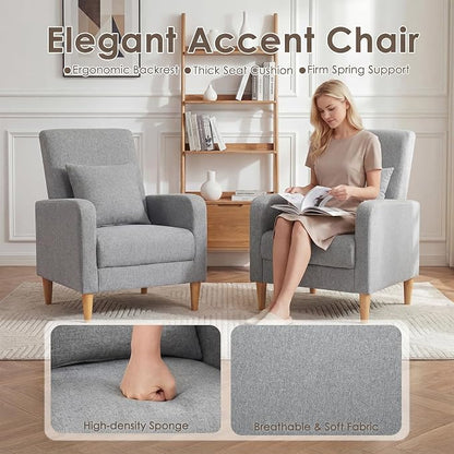 COLAMY Mid-Century Modern Upholstered Accent Chair with Back Pillow & Solid Wood Legs, Fabric Cozy Armchair for Living Room, Bedroom, Reading Nook, Apartment & Small Spaces, Lightgrey