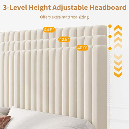 IDEALHOUSE Full Bed Frame with Adjustable Headboard, Velvet Upholstered Platform Full Size Bed Frame, Vertical Channel Tufted, Strong Wooden Slats, No Box Spring Needed, Easy Assembly, Beige