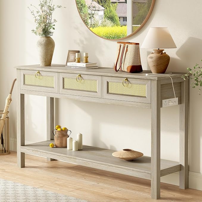 SUPERJARE Rattan Console Sofa Table with Outlets and USB-C Port, 3 Drawer Entryway Table with Synthetic Rattan Surface, Open Shelf, Behind Couch Entry Foyer Hallway Storage, Light Gray