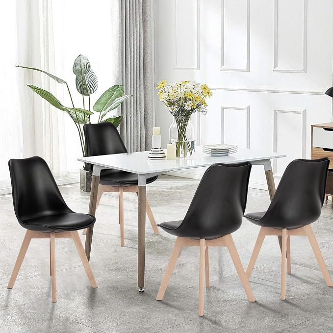 OLIXIS Dining Chairs Set of 4, Mid Century Modern Accent Chairs with Curved Backrest and Wood Legs, PU Leather Upholstered Kitchen Side Chair for Living Room, Bedroom, Outdoor Patio, Black