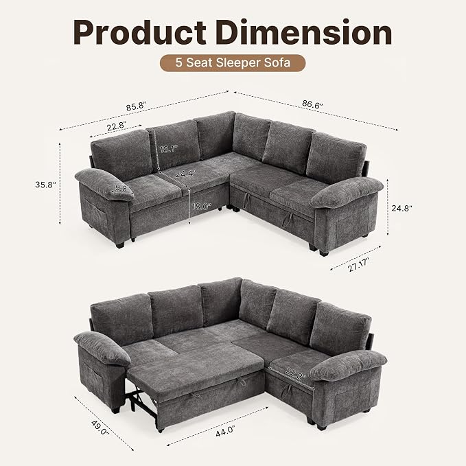 85" Modular Sectional Sofa Bed with Storage, L Shaped Pull Out Couch, Removable Chenille Sofa Cover for Living Room (Grey, 5 Seat)