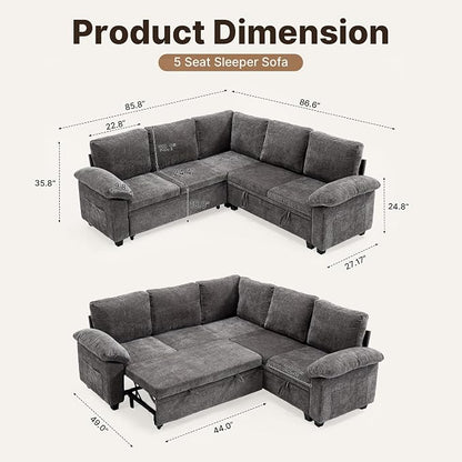 85" Modular Sectional Sofa Bed with Storage, L Shaped Pull Out Couch, Removable Chenille Sofa Cover for Living Room (Grey, 5 Seat)