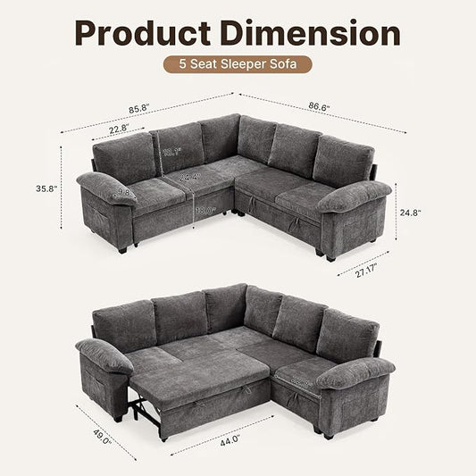 85" Modular Sectional Sofa Bed with Storage, L Shaped Pull Out Couch, Removable Chenille Sofa Cover for Living Room (Grey, 5 Seat)