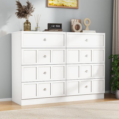 8 Drawer Dresser for Bedroom: 47" Fluted White Dresser Deep Drawers, Modern Chest of Drawers for Bedroom, Fluted Wood Dressers for Living Room, Hallway