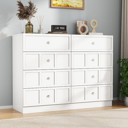 8 Drawer Dresser for Bedroom: 47" Fluted White Dresser Deep Drawers, Modern Chest of Drawers for Bedroom, Fluted Wood Dressers for Living Room, Hallway