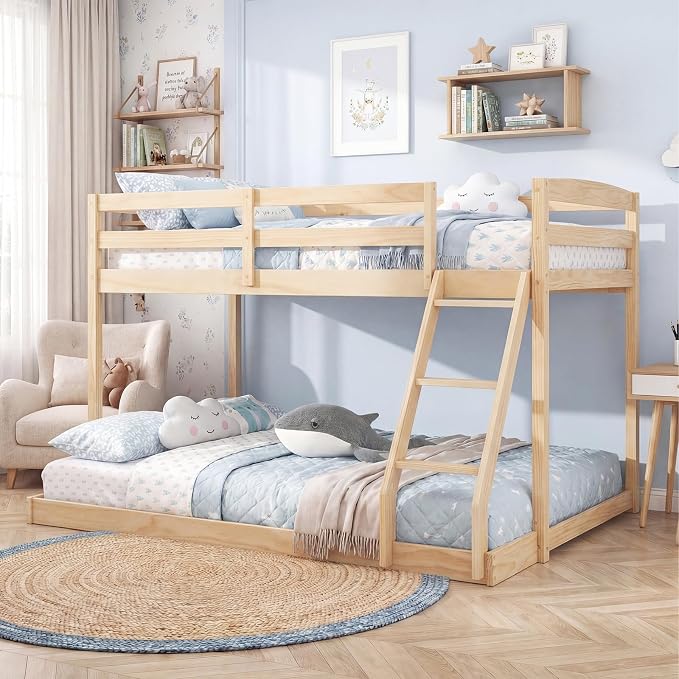Giantex Twin Over Full Bunk Bed, Solid Wood Kids Bunk Bed with Full-Length Guardrails & Ladder, Low Bunk Beds with Slats Support for Kids, Teens, No Box Spring Needed, Natural