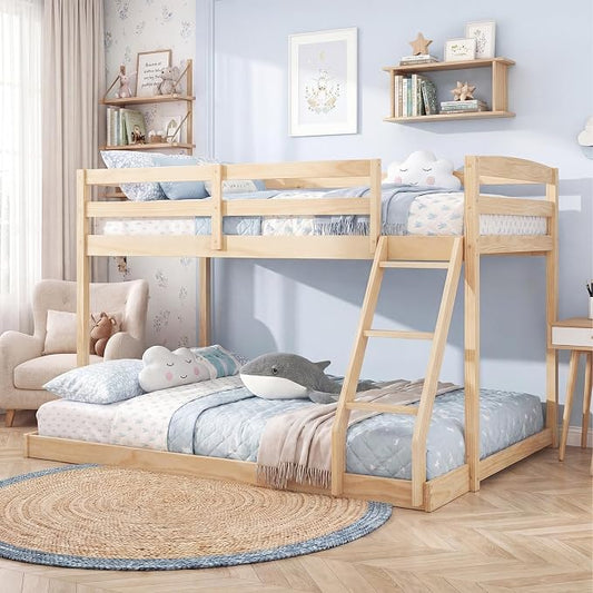 Giantex Twin Over Full Bunk Bed, Solid Wood Kids Bunk Bed with Full-Length Guardrails & Ladder, Low Bunk Beds with Slats Support for Kids, Teens, No Box Spring Needed, Natural
