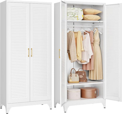 71" Louvered Metal Storage Cabinet with Doors and Shelves, White Steel Armoire Wardrobe Closet with Sturdy Hanging Rod for Home Office Bedroom, 18" Deep