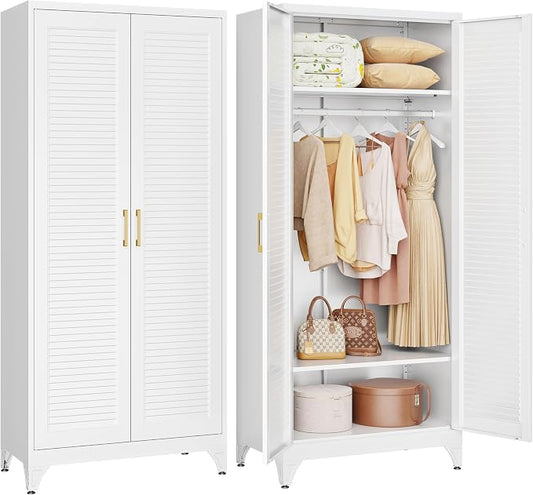 71" Louvered Metal Storage Cabinet with Doors and Shelves, White Steel Armoire Wardrobe Closet with Sturdy Hanging Rod for Home Office Bedroom, 18" Deep