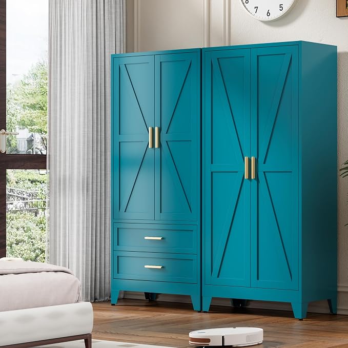 Washsemba 71'' Farmhouse Metal Wardrobe Cabinet with Hanging Rod, 2 Barn Door Wardrobe Closet with 2 Adjustable Shelves,for Dining Room,Bedroom,Living Room, Cloak Room,Office (Peacock Blue)