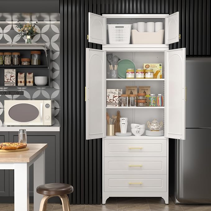 SteeLoong Kitchen Pantry Cabinet，90" Storage Cabinets with Doors and Shelves,Metal Pantry Cabinet with 3 Drawers,White Kitchen Cupboard for Livingroom,Pantry, Bathroom