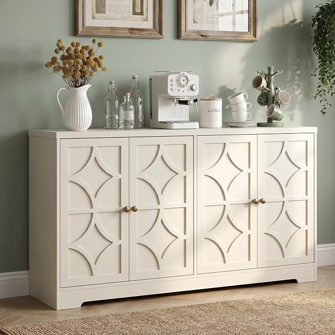 RoyalCraft Sideboard Buffet Cabinet with Storage, 56" Modern Sideboard with 4 Carved Doors, Large Wood Coffee Bar Console Table for Kitchen, Dining Room, Entryway, Living Room, Beige