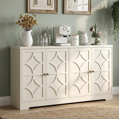 RoyalCraft Sideboard Buffet Cabinet with Storage, 56" Modern Sideboard with 4 Carved Doors, Large Wood Coffee Bar Console Table for Kitchen, Dining Room, Entryway, Living Room, Beige