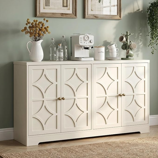 RoyalCraft Sideboard Buffet Cabinet with Storage, 56" Modern Sideboard with 4 Carved Doors, Large Wood Coffee Bar Console Table for Kitchen, Dining Room, Entryway, Living Room, Beige