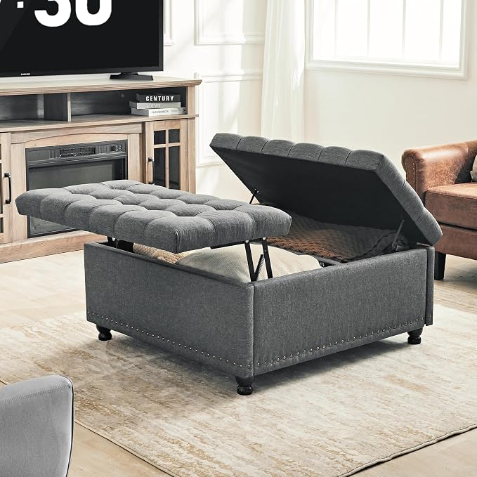 Redlife 35 Inch Large Square Storage Ottoman, Storage Ottoman Coffee Table with Lift Top Linen Ottomans Bench Square Footrest Oversized Upholstered Coffee Table for Living Room Bedroom (Dark Grey)