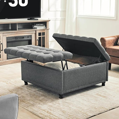 Redlife 35 Inch Large Square Storage Ottoman, Storage Ottoman Coffee Table with Lift Top Linen Ottomans Bench Square Footrest Oversized Upholstered Coffee Table for Living Room Bedroom (Dark Grey)