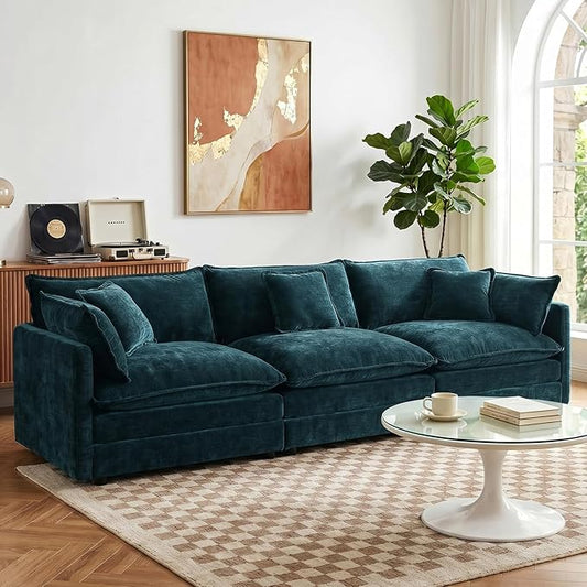 GNIXUU 111.5“ Chenille Modular Sectional Sofa with Movable Ottoman, Comfy Cloud Couch, Deep Seat, 3 Seater Sectional Couches for Living Room, Apartment, Office(Blue)