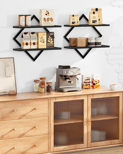 CHOEZON Floating Shelves, Set of 2 Wall Shelves, 2-Tier Hanging Shelves, Wall Shelf Set of 2, Wall Mounted Shelves, for Living Room, Bedroom, Kitchen, Office, Study, Black TBJ01P2BB