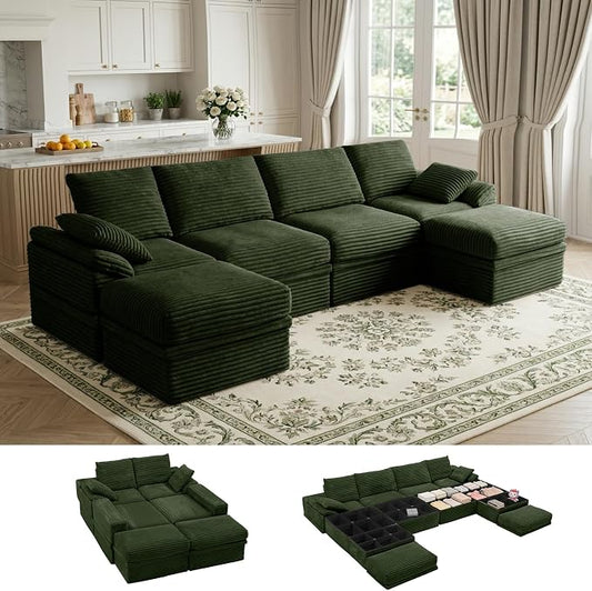142" Modular U-Shaped Sectional Sofa with Storage, 4-Seat Corduroy Boneless Couch, 27" Deep Seat Cloud Couch & 2 Movable Ottoman, Tool-Free Assembly, Couch for Living Room, Green
