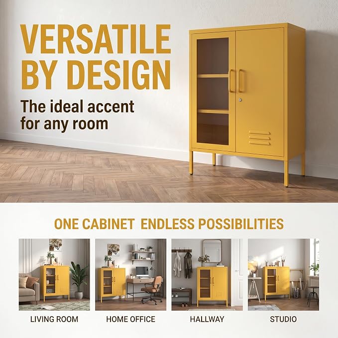 Metal Cabinet Metal Bathroom Storage Cabinet Metal Storage Cabinets with Glass Door and Adjustable Shelves Cabinet Storage for Coffee Bar for Homes, Living Rooms and Offices Yellow 33''H
