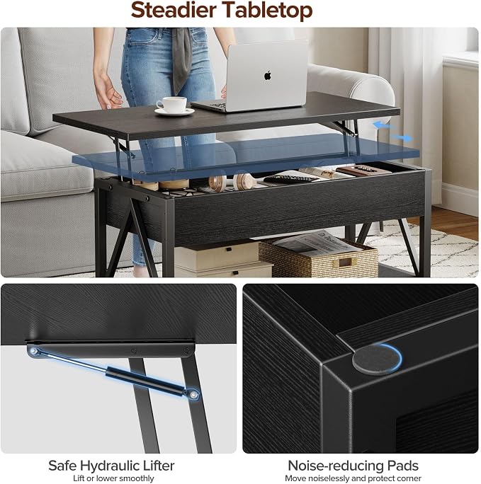 Memobarco Lift Top Coffee Table,Lift Coffee Tables with Storage Shelf and Large Hidden Compartment for Living Room,Lifting top Coffee Table for Small Space,Black