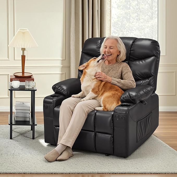 MCombo Oversized Power Lift Recliner Chair with Extended Footrest, Extra Wide for Big and Tall Elderly People, Faux Leather R7289 (Black, Medium-Wide)