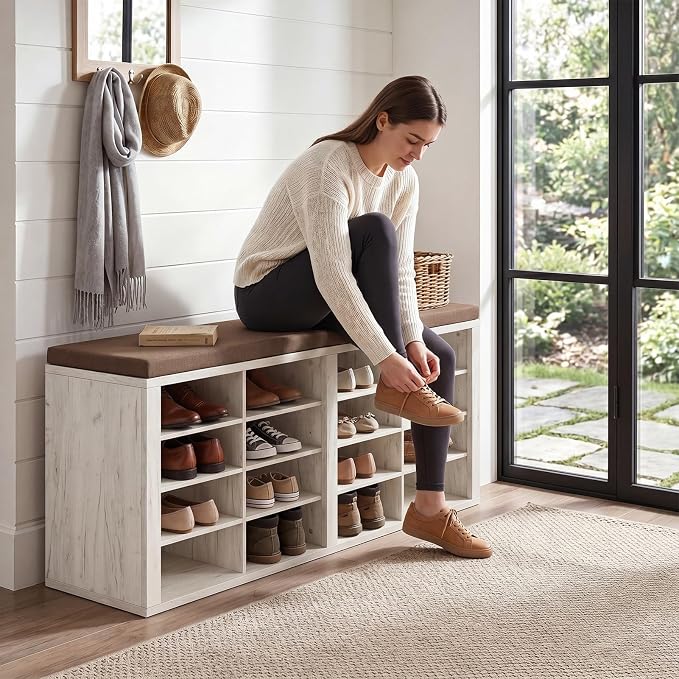 Shoe Rack Bench, Shoe Storage Bench with Cushion, Shoe Organizer 16 Cubbies for Entryway Hallway Bedroom Living Room, Holds Up to 400lbs