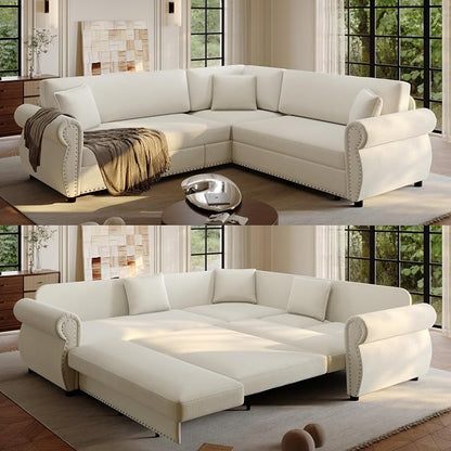 88.2" Sectional Sleeper Sofa with Pull Out Bed - Oversize L-Shaped Convertible Sleeper Couch Bed, Button Tufted Chesterfield Sofa, Chenille Vintage Couches for Living Room/Apartment(4-Seater, Beige) | Pull Out Couch Bed