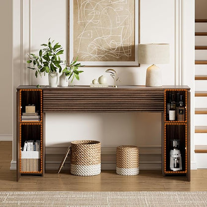 FABATO 61'' Fluted Long Console Table, Wooden Rectangular Sofa Table Behind The Couch, Narrow Entryway Table with 2 Hidden Storage Cabinets for Entrance, Hallway, Living Room, Foyer, Walnut