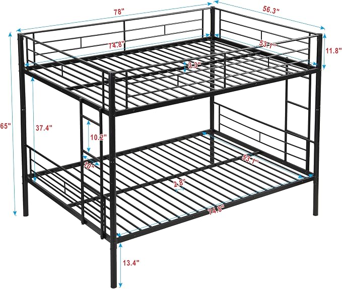 EMKK Metal Bunk Bed Full Over Full with Guardrails,Bedframe,Bunk Beds for Dorm,Bedroom,Guest Room,Heavy Duty Metal Slats, Noise Free, No Box Spring Needed, Black