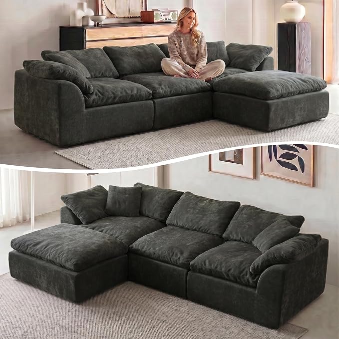 109" Boneless Cloud Couch Sectional for Living Room, Oversized Modular L Shaped Sofa with Ottoman, Deep Seat Chenille Sectional Couch for Cloud-Like Comfort (Onyx Black)