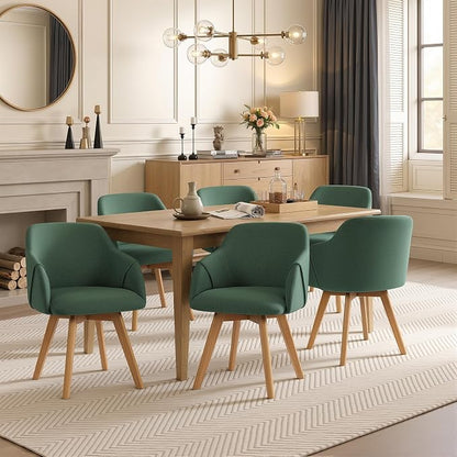 Swivel Dining Chairs Set of 6, Mid Century Modern Dining Chairs with Arms, Wood Legs, Linen Fabric Upholstered Kitchen Chairs for Dining Room Living Room, Comfortable Large Seat, Green
