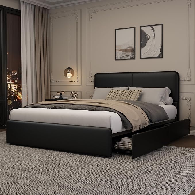 GarveeHome Modern Upholstered Platform Bed Frame with Headboard and Storage Drawers – PU Black Faux Leather, Sturdy Wooden Slats, Noise-Free, Easy Assembly – Queen Size, PU Black