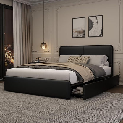 GarveeHome Modern Upholstered Platform Bed Frame with Headboard and Storage Drawers – PU Black Faux Leather, Sturdy Wooden Slats, Noise-Free, Easy Assembly – Queen Size, PU Black