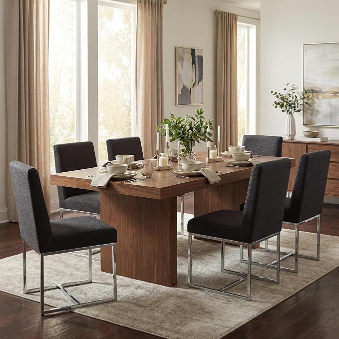 CIMOTA Black Modern Dining Chairs Set of 6, Upholstered Dining Room Chairs Armless Guest Side Chair with Chrome Base for Dining Room/Kitchen, Charcoal Black, 6PCS