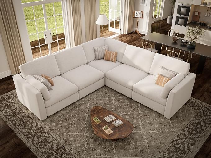 Oversized Modular Sectional Sofa V-Shaped Cloud Couches White | 109'' Deep Seat Couch for Living Room, 5-Seater Luxury Comfortable Corner sofa, Solid Wood Frame, Removable Washable Cover